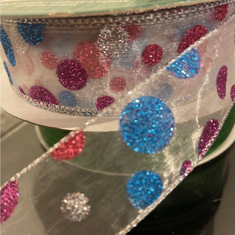 Kirkland Signature RIBBON GLITTER 1.5" Wire Edged Polka Dots RIBBON Silver Edges